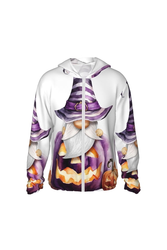 Halloween Gnome With Pumpkins Print Men's Women Light Jacket Full Zip Sun Protection Hoodie Long Sleeve Sun Shirts for Men Hiking Fishing Zip Pockets-X-Large