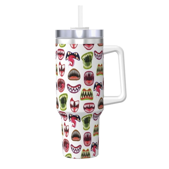 Logiee Halloween Mouth Print 40OZ Ice Bully Cup with Handle and Straw, Double Wall Stainless Steel Tumbler,Travel Coffee Cup with Lid, Summer Insulation and Cooling Cup