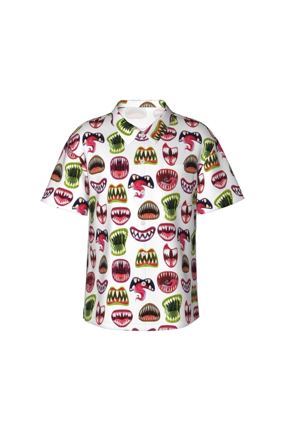 Halloween Mouth Print Mens Hawaiian Shirts,Loose-Fit Short Sleeve Button Down Tropical Aloha Beach Shirt,Summer Vacation Wedding Tops,Small