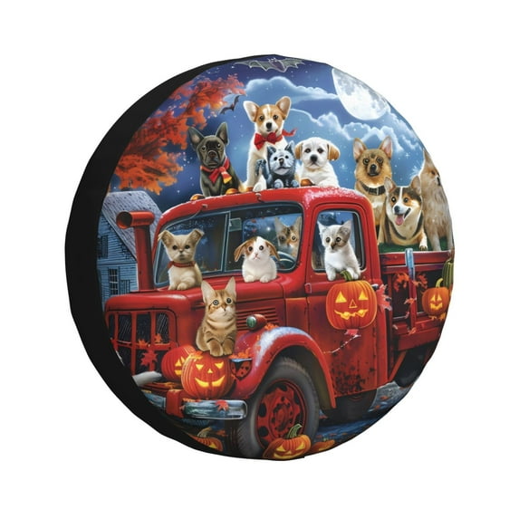 Logiee Halloween Pets Pumpkins Print Spare Tire Cover, Universal Wheel Protectors,Waterproof Dust-Proof UV Sun Wheel Tire Cover,Fit for SUV, RV, Travel Trailer, Truck-17 inch