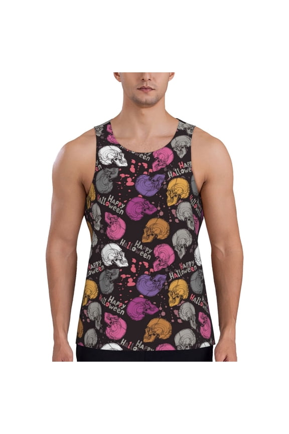 Halloween Skeleton Print Men's Workout Tank Top,Quick Dry Workout Tank Top,Gym Muscle Tee,Fitness Bodybuilding Sleeveless T Shirt-Medium