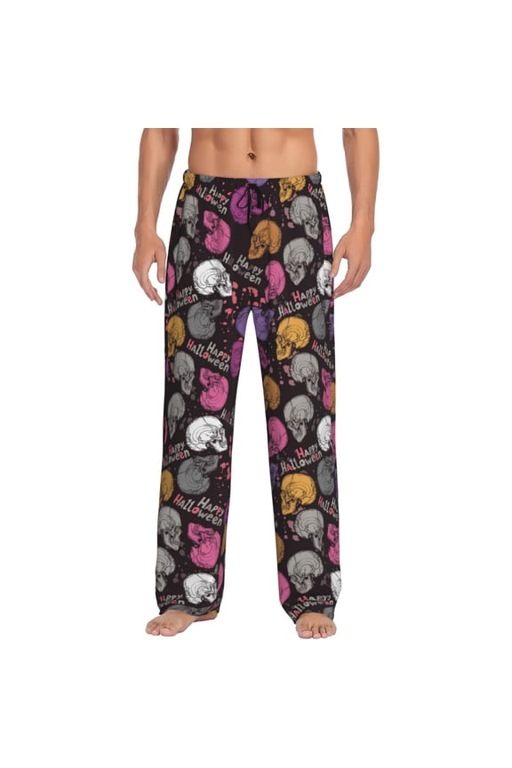 Halloween Skeleton Print Pajama Pants for Men,Men’s Pajama Bottoms,Mens PJ Pants with Pockets & Button Fly-Medium