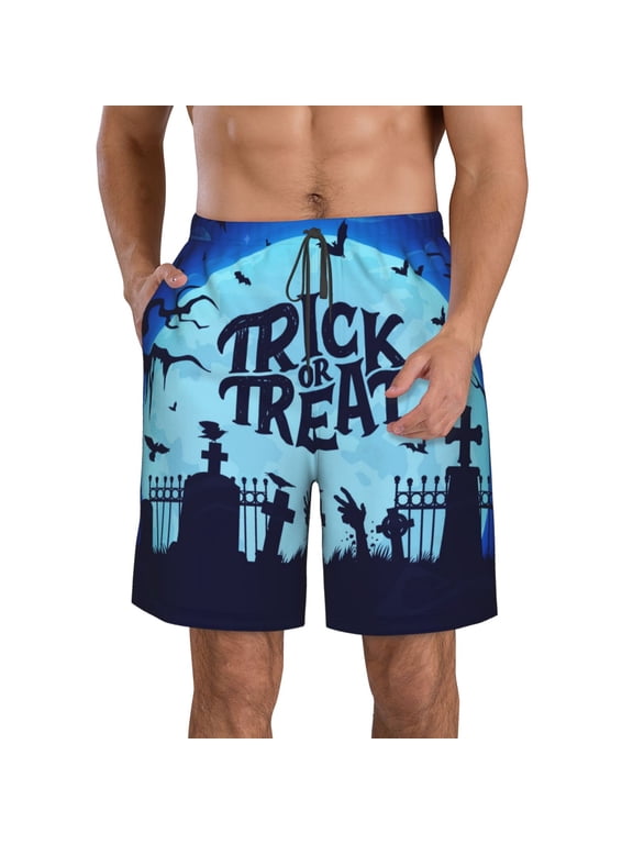 Halloween Trick Or Treat Print Mens Swim Trunks Quick Dry Board Shorts,Breathable Hawaii Beach Shorts Swimwear Bathing Suits-Small