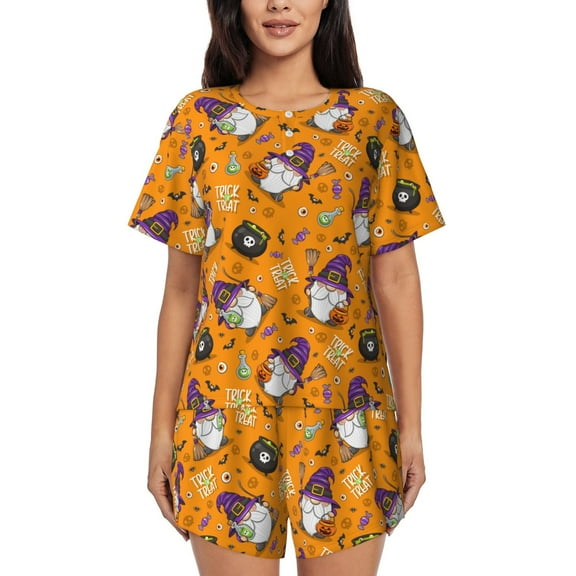 Logiee Halloween Witches Gnome Print Womens Pajamas Set,Short-Sleeve Pajama 2 Piece Sleepwear with Pockets-Small