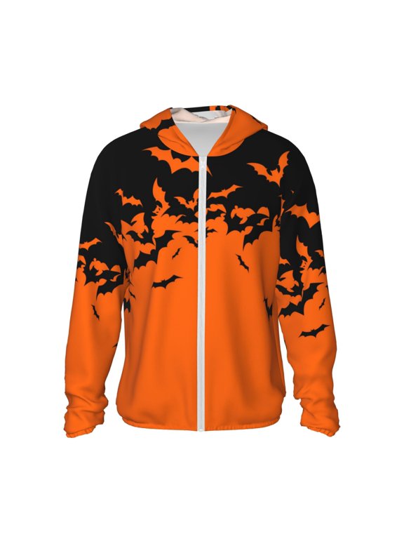 Halloween With Black Bats Print Men's Women Light Jacket Full Zip Sun Protection Hoodie Long Sleeve Sun Shirts for Men Hiking Fishing Zip Pockets-XX-Large