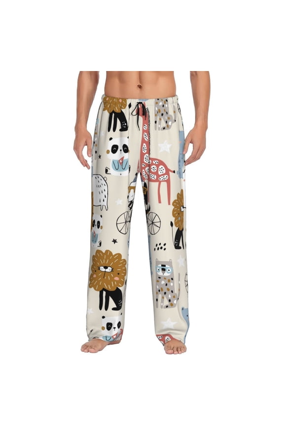 Hand Drawn Animals Print Pajama Pants for Men,Men’s Pajama Bottoms,Mens PJ Pants with Pockets & Button Fly-X-Large