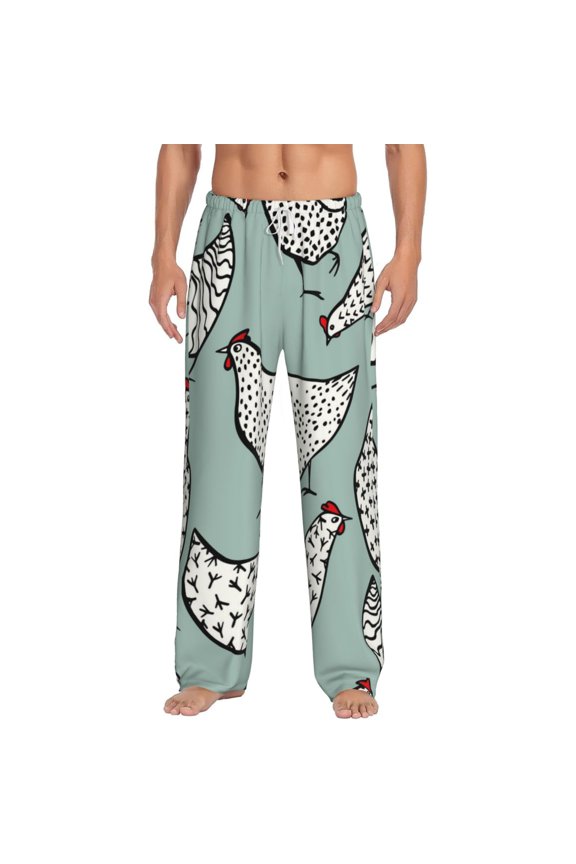 Hand Drawn Chickens Print Pajama Pants for Men,Men’s Pajama Bottoms,Mens PJ Pants with Pockets & Button Fly-Large