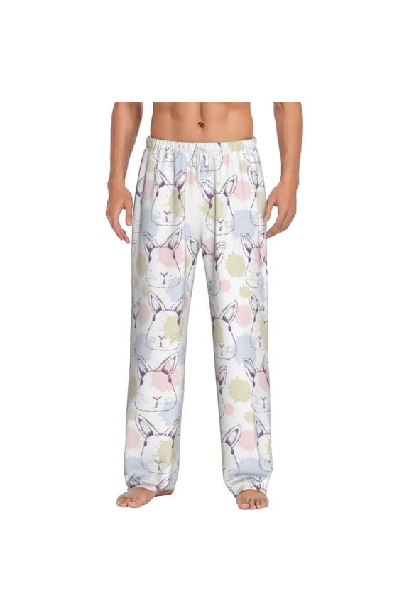Hand Drawn Rabbit Print Pajama Pants for Men,Men’s Pajama Bottoms,Mens PJ Pants with Pockets & Button Fly-3X-Large