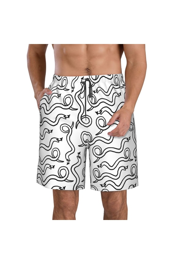 Hand Drawn Snake Print Mens Swim Trunks Quick Dry Board Shorts,Breathable Hawaii Beach Shorts Swimwear Bathing Suits-Large