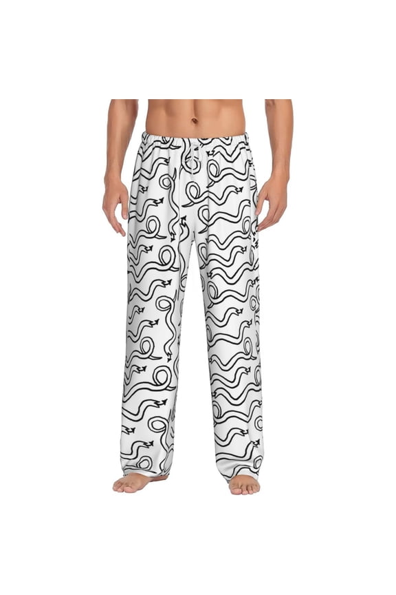 Hand Drawn Snake Print Pajama Pants for Men,Men’s Pajama Bottoms,Mens PJ Pants with Pockets & Button Fly-Large