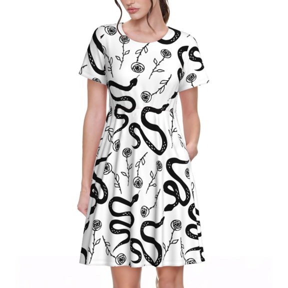 Logiee Hand Drawn Snake Print Womens Summer Dress,Casual Short Sleeve Sundresses,Beach A-line Shift Dress with Pockets