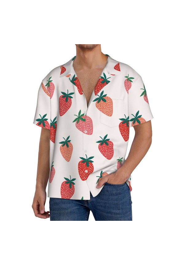 Hand Drawn Strawberry Print Men's Button Down Shirts Short Sleeve, Summer Beach Shirts,Vacation Wedding Shirts,Men's Casual Button-Down Shirts with Pocket-Medium