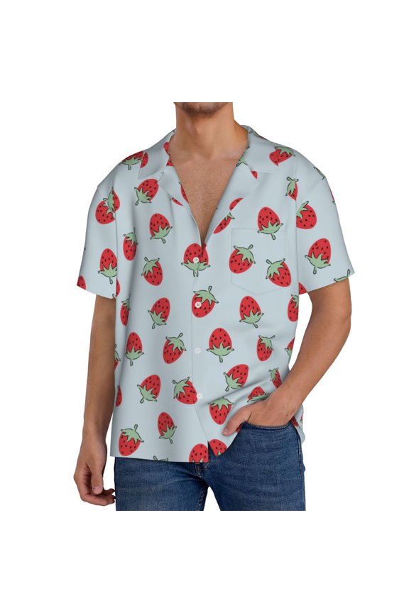 Hand Drawn Strawberry Print Men's Button Down Shirts Short Sleeve, Summer Beach Shirts,Vacation Wedding Shirts,Men's Casual Button-Down Shirts with Pocket-Large