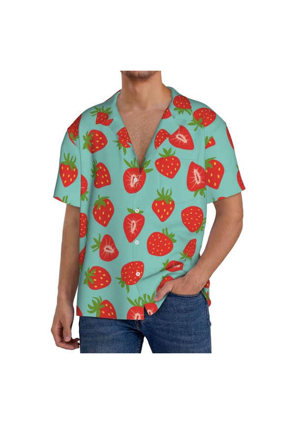 Hand Drawn Strawberry Print Men's Button Down Shirts Short Sleeve, Summer Beach Shirts,Vacation Wedding Shirts,Men's Casual Button-Down Shirts with Pocket-Medium