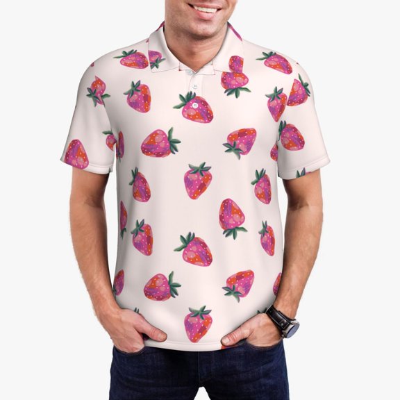 Logiee Hand Drawn Strawberry Print Mens Polo Shirts,Mens Golf Polo Shirts,Short Sleeve Casual Polo Shirts for Men,Summer Fashion Beach Shirts-3X-Large