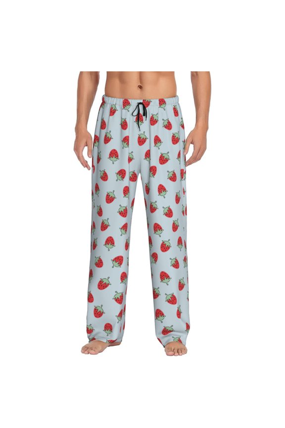 Hand Drawn Strawberry Print Pajama Pants for Men,Men’s Pajama Bottoms,Mens PJ Pants with Pockets & Button Fly-Medium