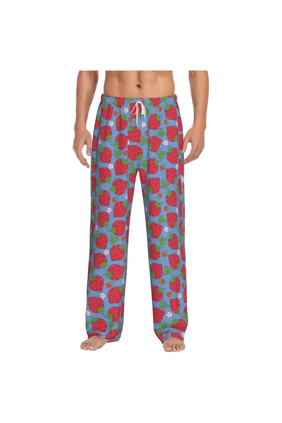 Hand Drawn Strawberry Print Pajama Pants for Men,Men’s Pajama Bottoms,Mens PJ Pants with Pockets & Button Fly-X-Large