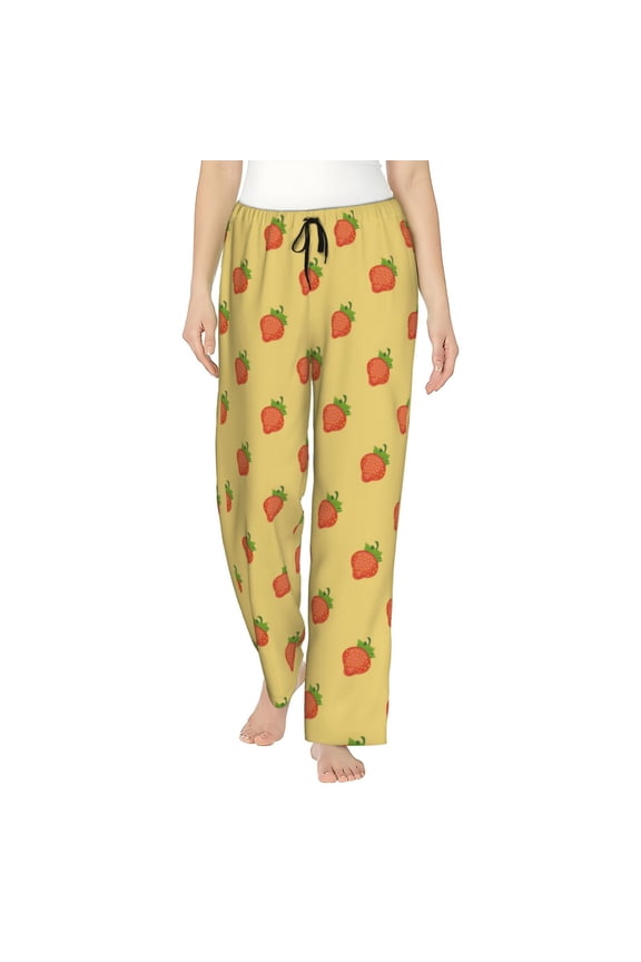 Hand Drawn Strawberry Print Women Pajama Pants,Comfy Pj Bottom with Pockets & Drawstring,Stretch Casual Sleepwear-Medium