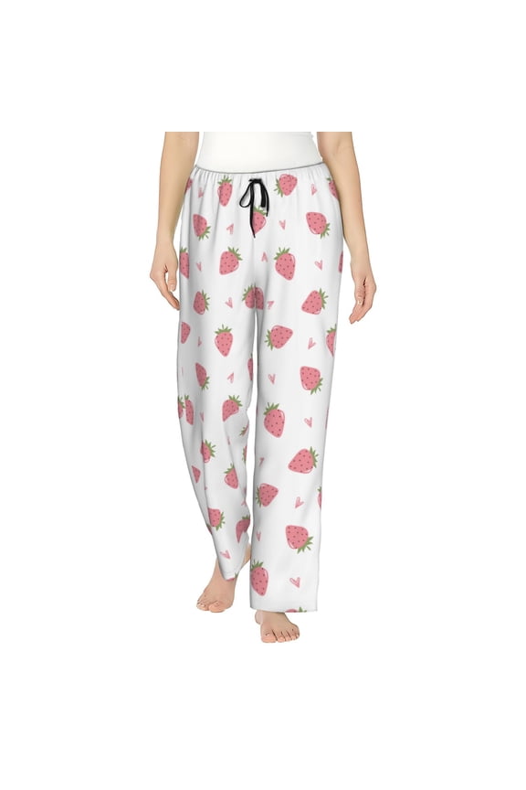Hand Drawn Strawberry Print Women Pajama Pants,Comfy Pj Bottom with Pockets & Drawstring,Stretch Casual Sleepwear-Small