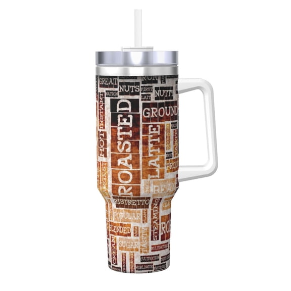Logiee Hand Drawn Vintage Coffee Print 40OZ Ice Bully Cup with Handle and Straw, Double Wall Stainless Steel Tumbler,Travel Coffee Cup with Lid, Summer Insulation and Cooling Cup