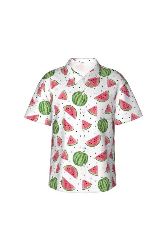 Hand Drawn Watermelon Print Mens Hawaiian Shirts,Loose-Fit Short Sleeve Button Down Tropical Aloha Beach Shirt,Summer Vacation Wedding Tops,Medium