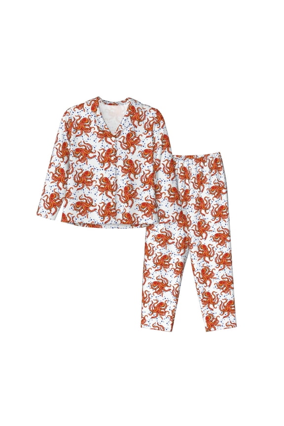 Hand drawn octopus Print Womens Pajamas Set,Long Sleeve Sleepwear,Button Down Lounge Set 2 Pieces,Soft Nightwear Pjs Set-Large