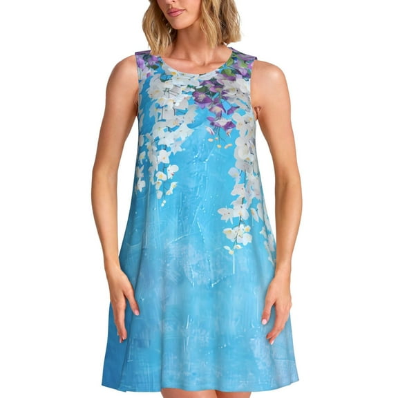 Logiee Hanging Orchids Floral Blue Print Summer Dresses for Women,Beach Sleeveless Flowy Pocket Tshirt Tank Sundresses,Women's Sleeveless Dress