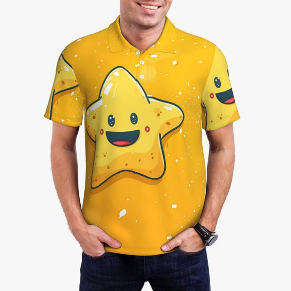 Logiee Happy Cartoon Star Print Mens Polo Shirts,Mens Golf Polo Shirts,Short Sleeve Casual Polo Shirts for Men,Summer Fashion Beach Shirts-X-Large
