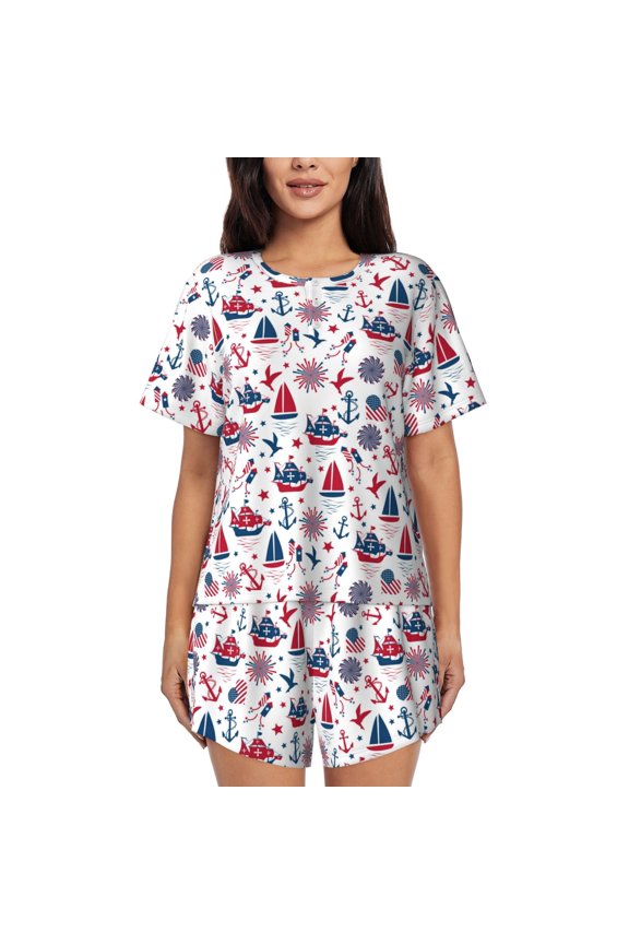 Happy Columbus Day Print Womens Pajamas Set,Short-Sleeve Pajama 2 Piece Sleepwear with Pockets-Large