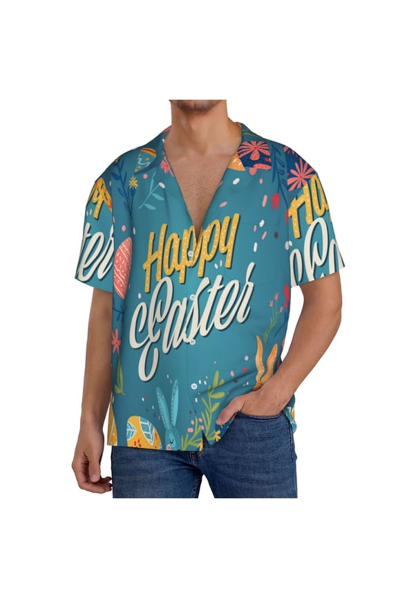 Happy Easter Print Men's Button Down Shirts Short Sleeve, Summer Beach Shirts,Vacation Wedding Shirts,Men's Casual Button-Down Shirts with Pocket-Small