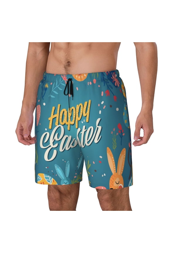 Happy Easter Print Men's Swim Trunk,Quick Dry Board Shorts ,Men's Swim Trunks with Compression Liner, Bathing Suits with Pockets-Large