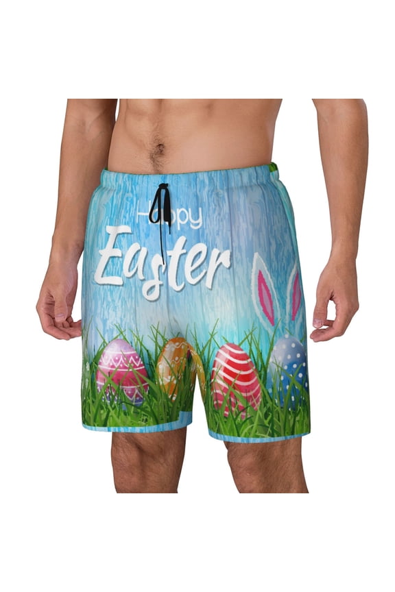 Happy Easter Print Men's Swim Trunk,Quick Dry Board Shorts ,Men's Swim Trunks with Compression Liner, Bathing Suits with Pockets-Medium