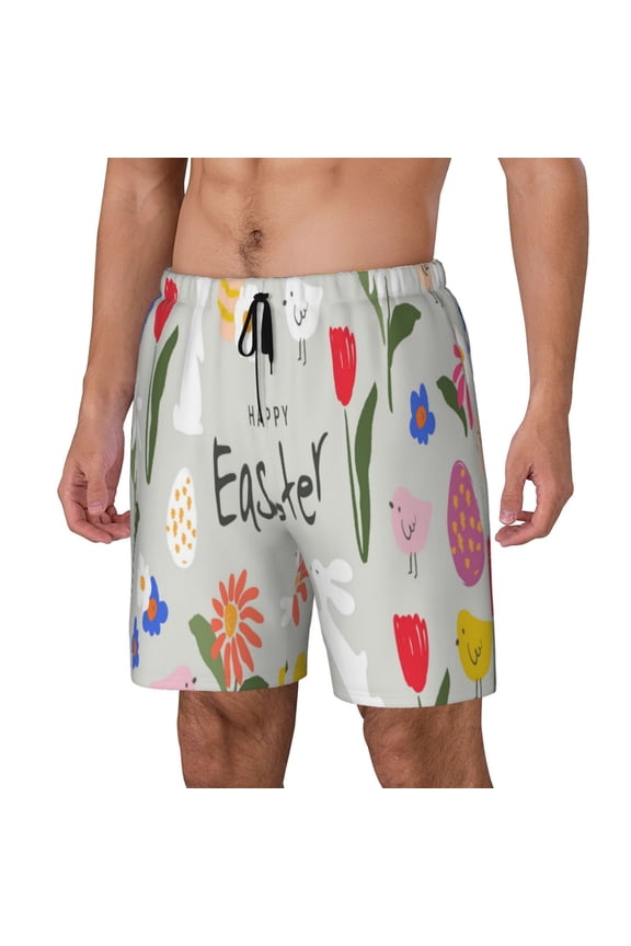 Happy Easter Print Men's Swim Trunk,Quick Dry Board Shorts ,Men's Swim Trunks with Compression Liner, Bathing Suits with Pockets-X-Large