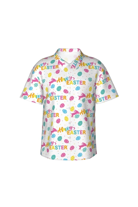 Happy Easter Print Mens Hawaiian Shirts,Loose-Fit Short Sleeve Button Down Tropical Aloha Beach Shirt,Summer Vacation Wedding Tops,Large