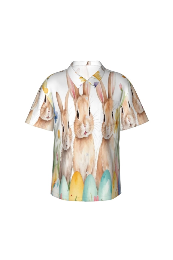 Happy Easter Print Mens Hawaiian Shirts,Loose-Fit Short Sleeve Button Down Tropical Aloha Beach Shirt,Summer Vacation Wedding Tops,Small
