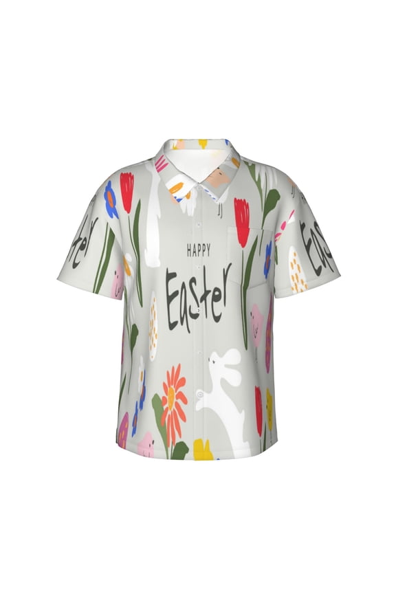 Happy Easter Print Mens Hawaiian Shirts,Loose-Fit Short Sleeve Button Down Tropical Aloha Beach Shirt,Summer Vacation Wedding Tops,XX-Large