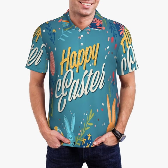 Logiee Happy Easter Print Mens Polo Shirts,Mens Golf Polo Shirts,Short Sleeve Casual Polo Shirts for Men,Summer Fashion Beach Shirts-3X-Large