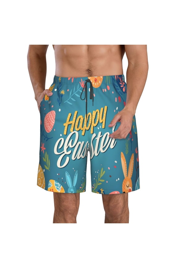 Happy Easter Print Mens Swim Trunks Quick Dry Board Shorts,Breathable Hawaii Beach Shorts Swimwear Bathing Suits-Medium