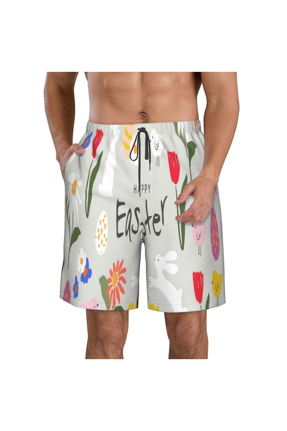 Happy Easter Print Mens Swim Trunks Quick Dry Board Shorts,Breathable Hawaii Beach Shorts Swimwear Bathing Suits-Small