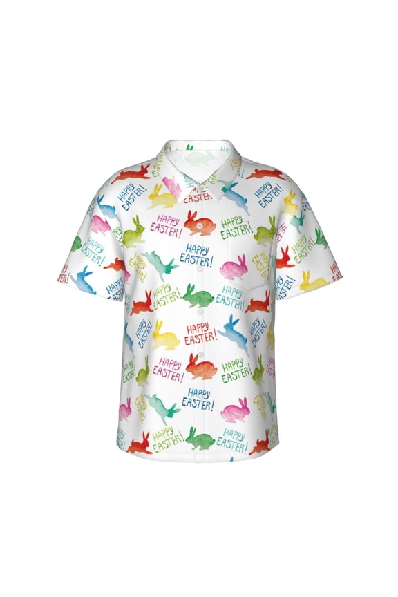 Happy Easter Rabbit Print Mens Hawaiian Shirts,Loose-Fit Short Sleeve Button Down Tropical Aloha Beach Shirt,Summer Vacation Wedding Tops,Small