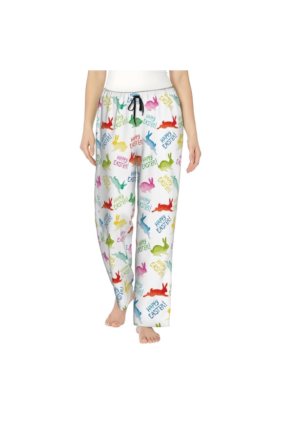 Happy Easter Rabbit Print Women Pajama Pants,Comfy Pj Bottom with Pockets & Drawstring,Stretch Casual Sleepwear-XX-Large