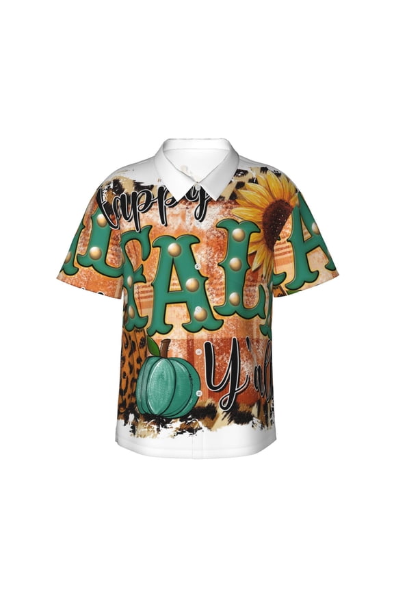 Happy Fall Y'All Print Mens Hawaiian Shirts,Loose-Fit Short Sleeve Button Down Tropical Aloha Beach Shirt,Summer Vacation Wedding Tops,Small