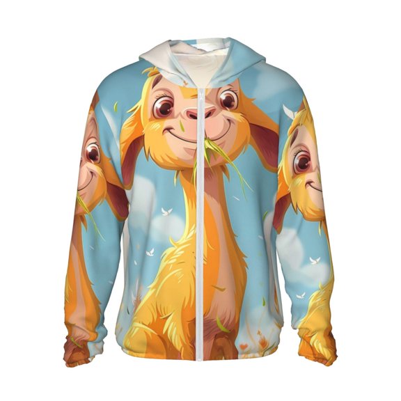 Logiee Happy Goat In Meadow Print Men's Women Light Jacket Full Zip Sun Protection Hoodie Long Sleeve Sun Shirts for Men Hiking Fishing Zip Pockets-Large