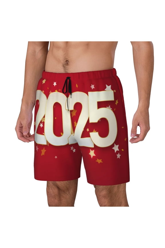 Happy New 2025 Year Print Men's Swim Trunk,Quick Dry Board Shorts ,Men's Swim Trunks with Compression Liner, Bathing Suits with Pockets-Large