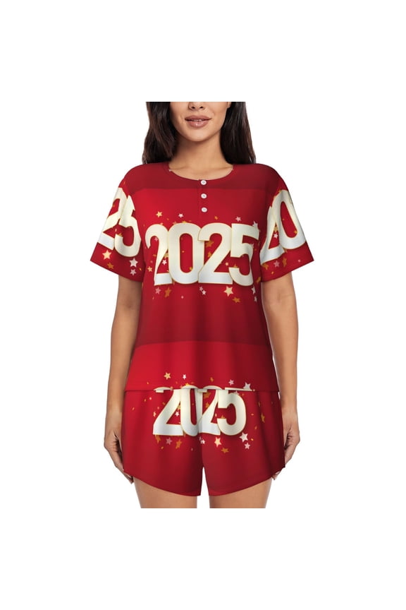 Happy New 2025 Year Print Womens Pajamas Set,Short-Sleeve Pajama 2 Piece Sleepwear with Pockets-Small