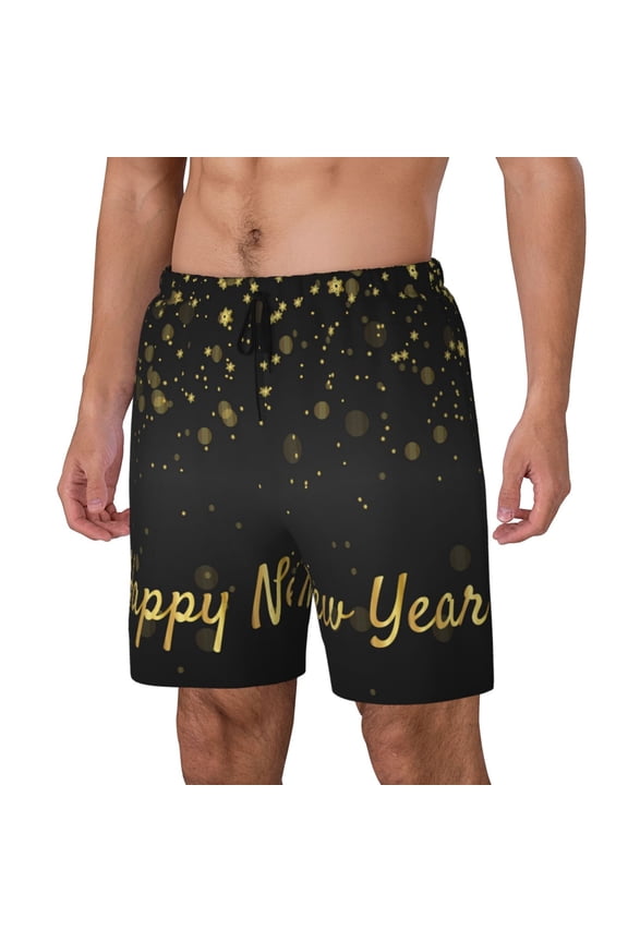 Happy New Year Print Men's Swim Trunk,Quick Dry Board Shorts ,Men's Swim Trunks with Compression Liner, Bathing Suits with Pockets-Large
