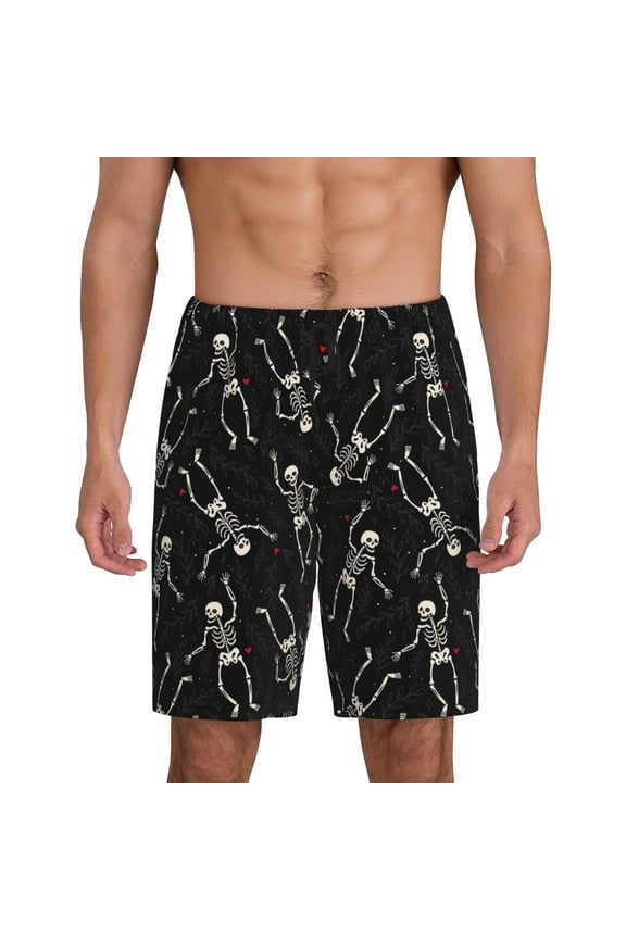Happy Skeletons Dancing Print Men's Pajama Shorts with Drawstring & Pockets,Sleep Shorts for Men,Sleepwear Bottoms,Elastic Waistband Loungewear-Large