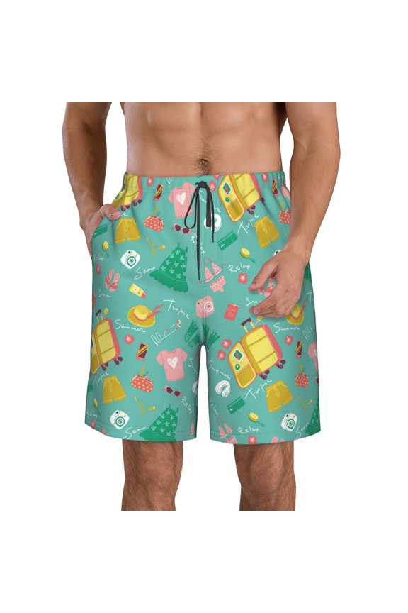Happy Summer Print Mens Swim Trunks Quick Dry Board Shorts,Breathable Hawaii Beach Shorts Swimwear Bathing Suits-X-Large