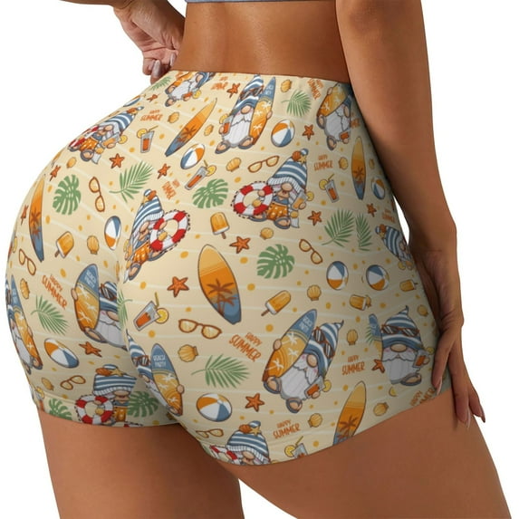 Logiee Happy Summer With Gnome Print Women's Biker Shorts,Workout Gym Shorts,Scrunch Shorts,Tummy Control Hidden Scrunch Running Yoga Shorts-Small