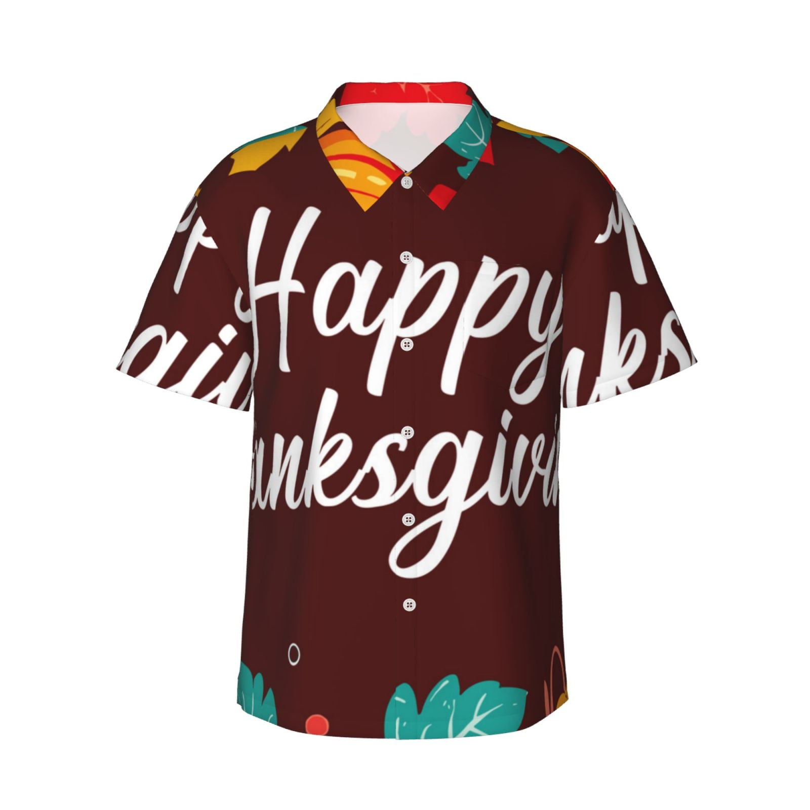 Logiee Happy Thanksgiving Print Mens Hawaiian Shirts,Loose-Fit Short Sleeve Button Down Tropical Aloha Beach Shirt,Summer Vacation Wedding Tops,Medium